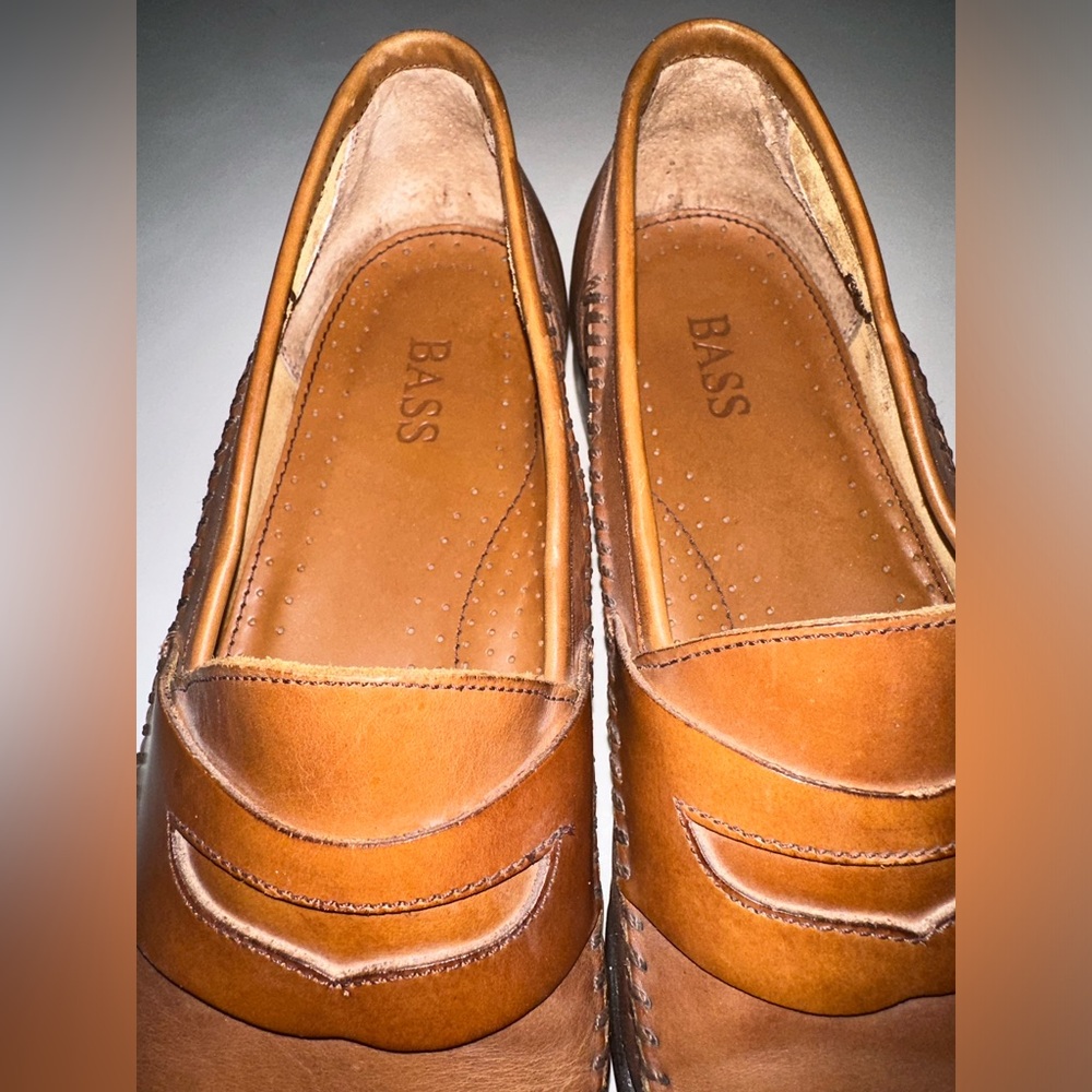 Bass Shoe Mens 8.5m Tan Brown Reiss British Leather Moc Toe Penny Loafer Slip On - Picture 6 of 15